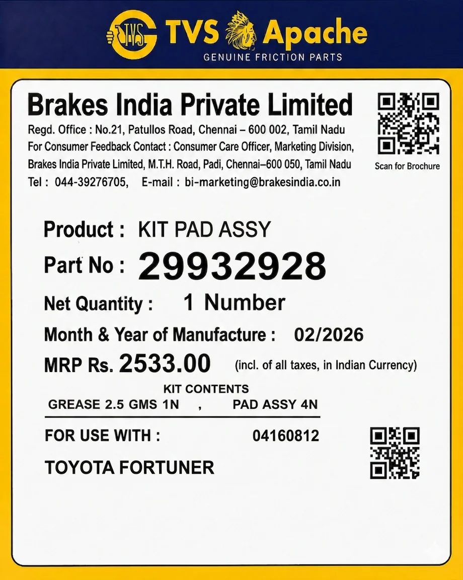 Front Brake Pad for Toyota Fortuner Type 1 (Till 2016) | TVS | - Image 3