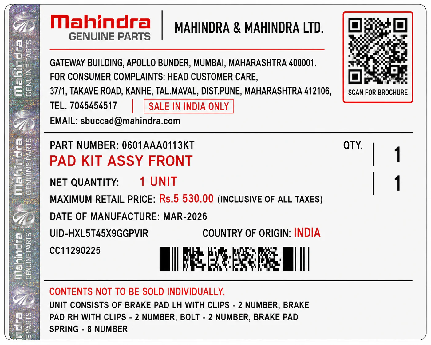 Front Brake Pad Kit Pad Assy EPB For Mahindra Scorpio N / Thar ROXX – Genuine - Image 3