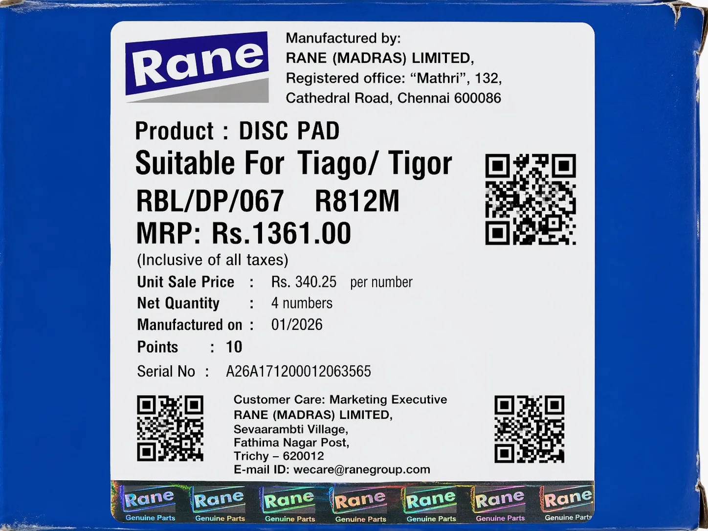 Front Brake Pads For Tata Tiago / Tigor – Rane - Image 4